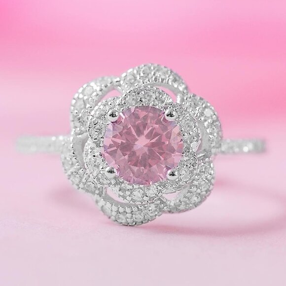 Pink Spiral Flower Gemstone Ring, 925 Sterling Silver - Picture 1 of 3